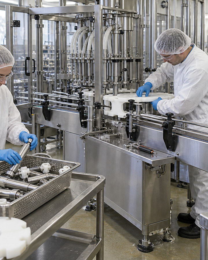Two people wearing protective clothing and blue gloves handle parts beside guarded machinery and a conveyor.