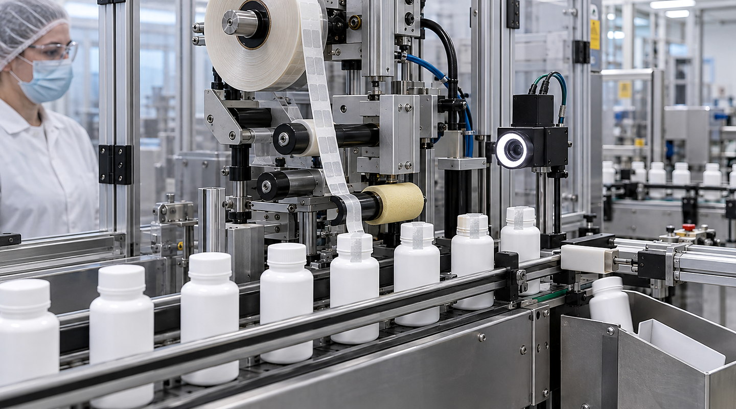 White capped bottles on a conveyor beside machinery with a reel, rollers and a circular light.
