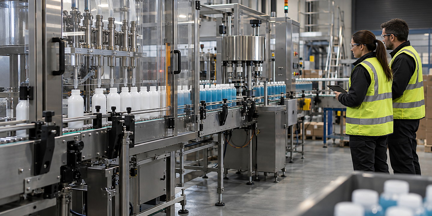 Bottles on a conveyor beside guarded machinery.