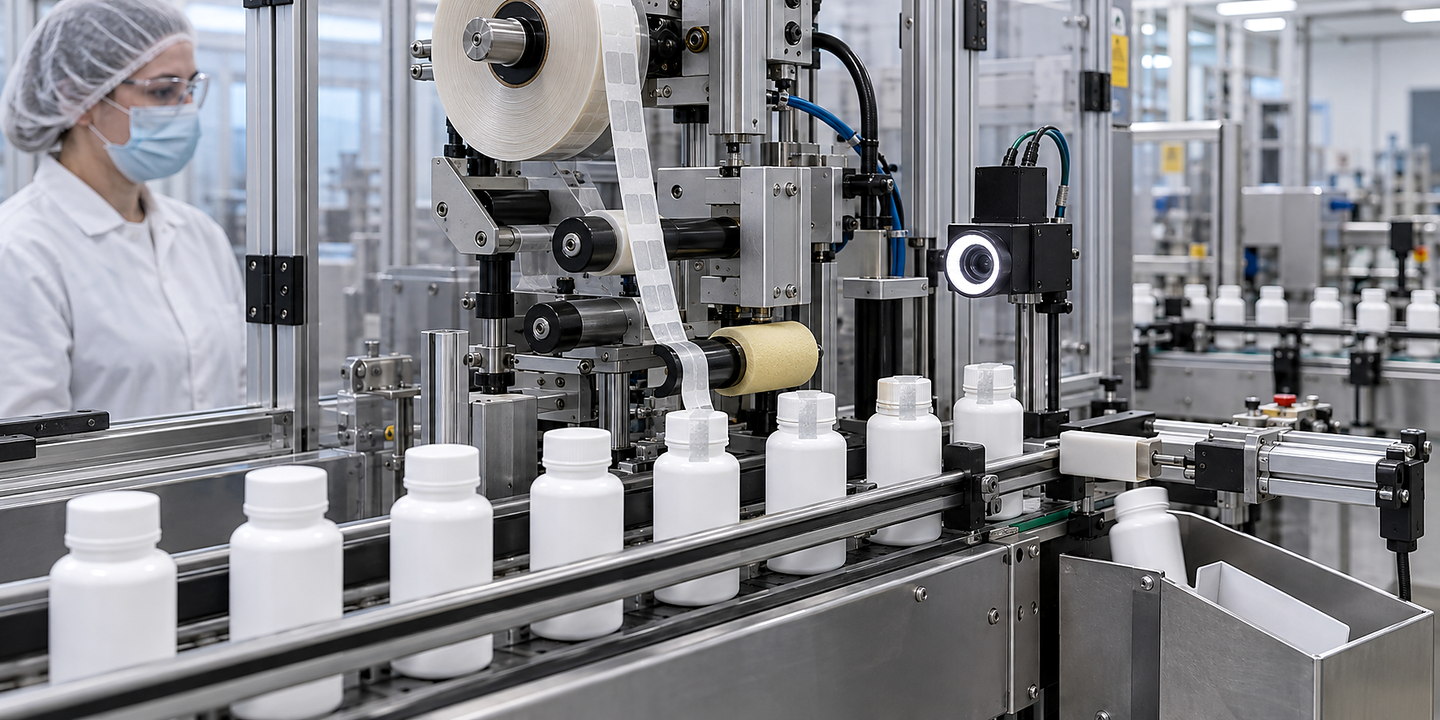 White capped bottles on a conveyor beside machinery with a reel, rollers and a circular light.
